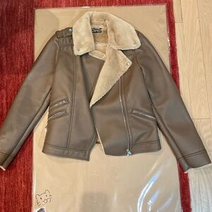 SHEIN Tan Faux Leather Jacket with Shearling Lining